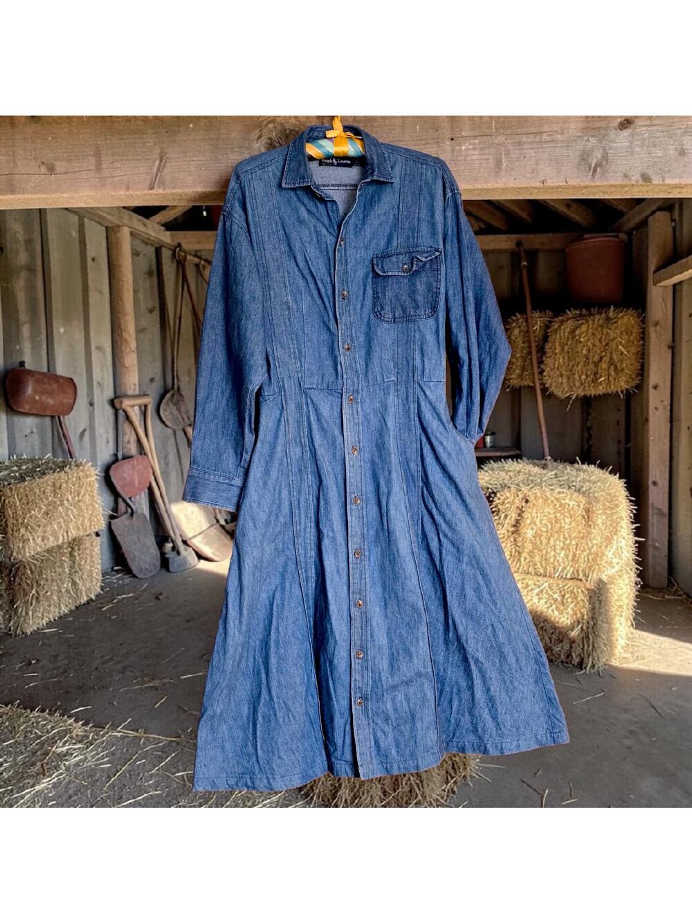 Vintage Ralph Lauren USA Denim Shirt Dress Size 12 Cotton Western Prairie Midi - Picture 1 of 10